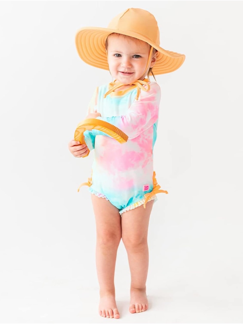 RuffleButts Baby Girl Rainbow Tie-Dye UPF 50+ Rash Guard Swimsuit 0–3M